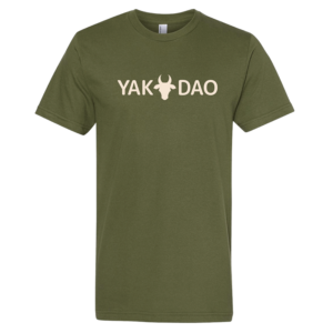 Olive Green T Shirt with YAK DAO logo screen printed on front