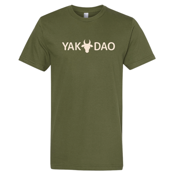 Olive Green T Shirt with YAK DAO logo screen printed on front